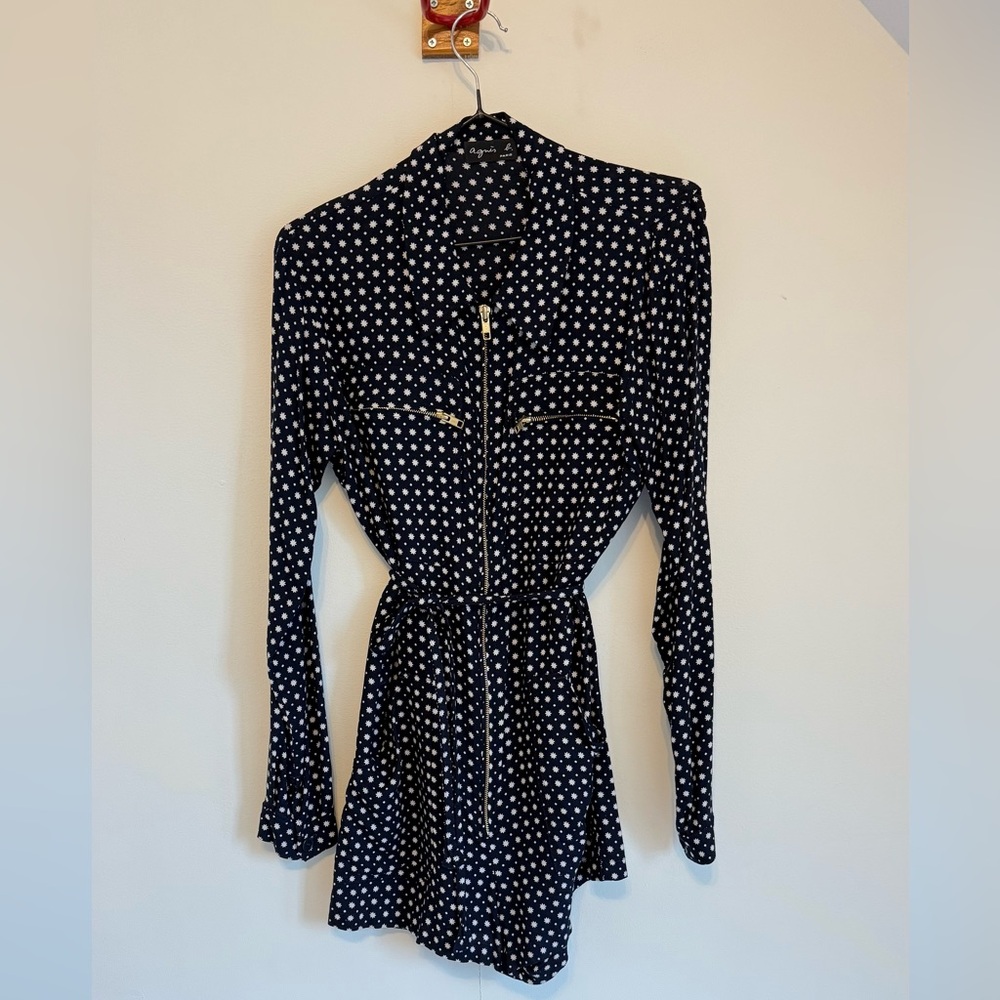Agnès b. Paris Black Daisy Print Gold Zip Romper - Fits S/M US 4/6
